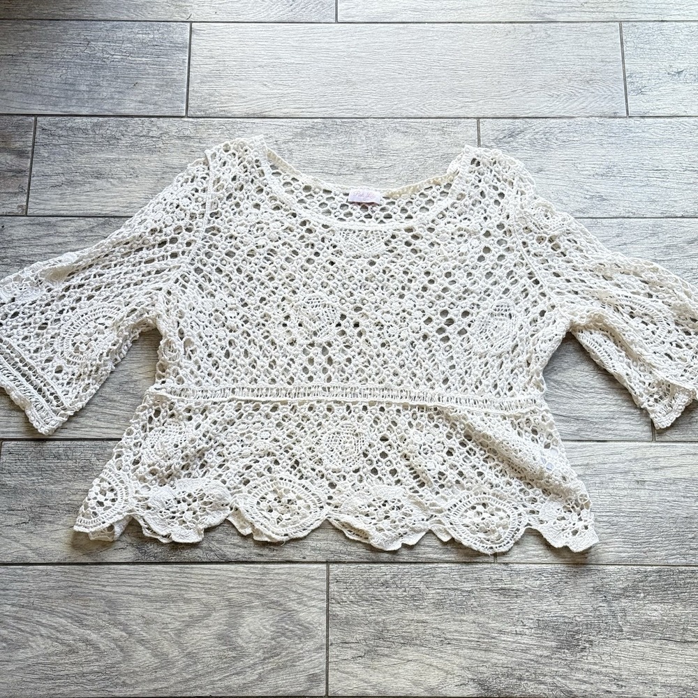Women's large crochet top coquette chunky knit festival flare cream sheer